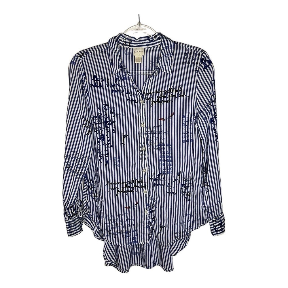 Chicos Womens Top Blue Stripe Graphic Print Hi Low Peplum Size Medium 1 Blouse‎